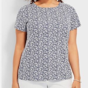 Talbots Textured Knit Blue and White Floral Short Sleeve Top w/Keyhole Back, 2X